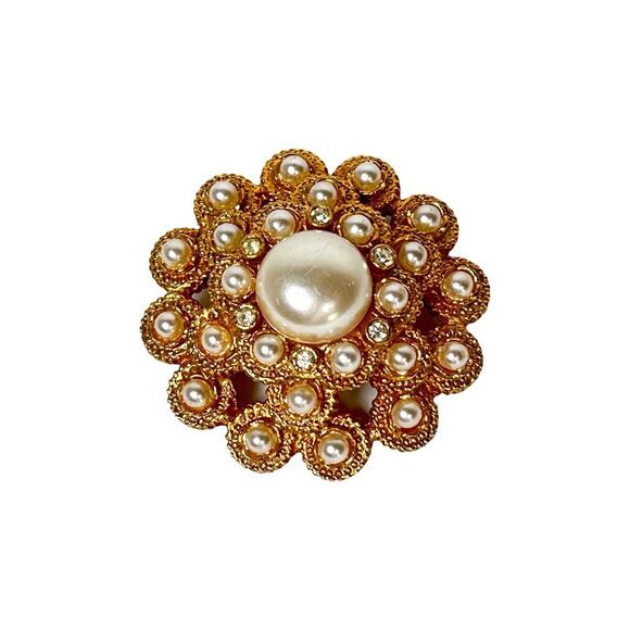 Sarah Coventry Moonlight Brooch Faux Pearls Rhinestones Gold Tone Layered Dome - Picture 5 of 8